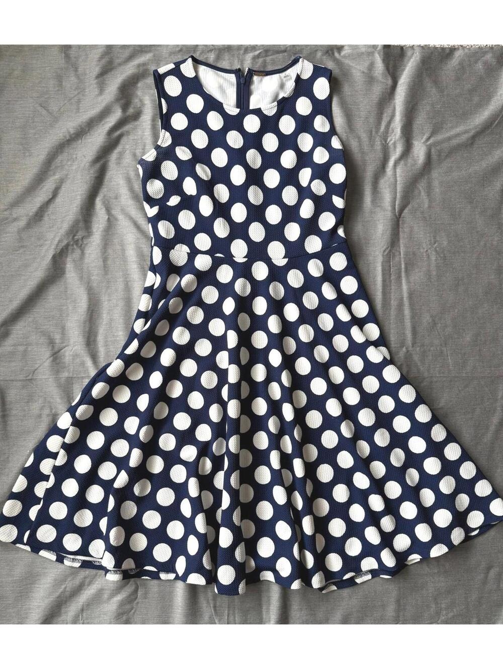 Tahari Navy White Polka Dot Fit & Flare Dress Womens 8 Sleeveless Knit Preppy